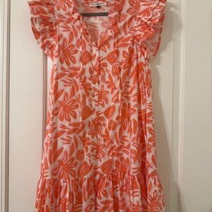 Floral Ruffle Sleeve Mini Dress - Orange and white